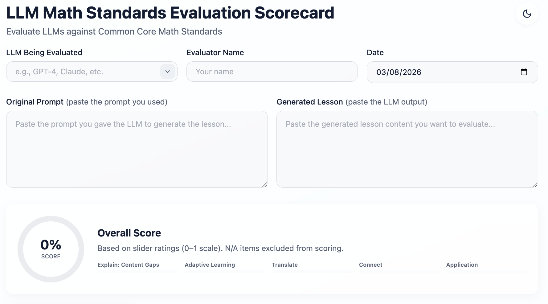 LLM Math Standards Evaluation Scorecard